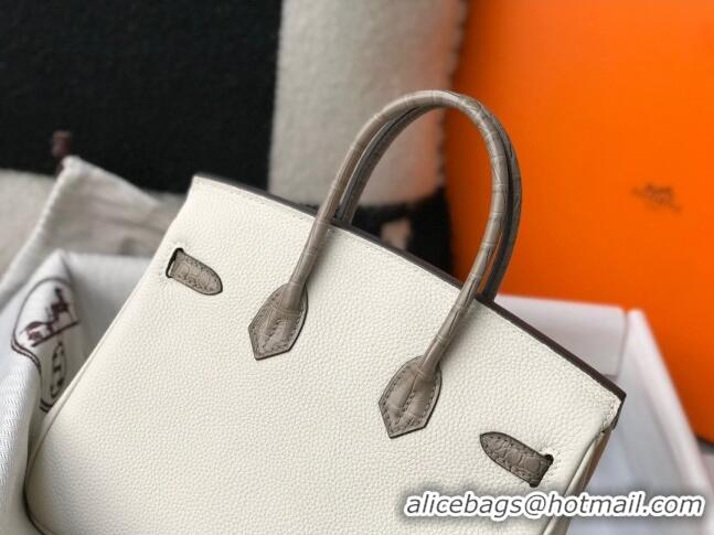 Discount Hermes Touch Birkin Bag 25cm in Crocodile Embossed Leather and Togo Calfskin H25 White/Gold