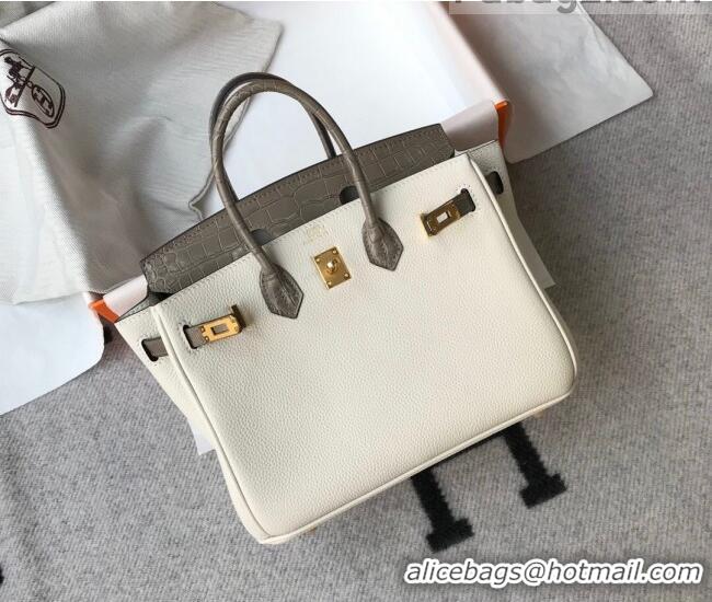 Discount Hermes Touch Birkin Bag 25cm in Crocodile Embossed Leather and Togo Calfskin H25 White/Gold