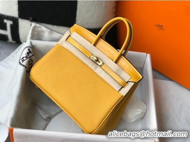 Well Crafted Hermes Touch Birkin Bag 25cm in Crocodile Embossed Leather and Togo Calfskin H25 Yellow/Gold