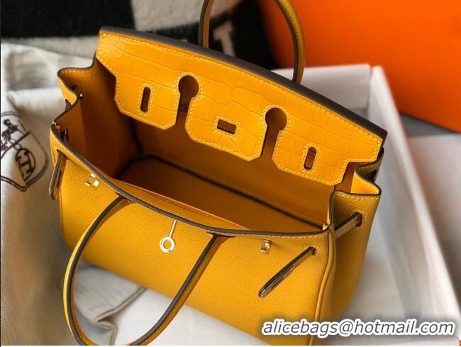 Well Crafted Hermes Touch Birkin Bag 25cm in Crocodile Embossed Leather and Togo Calfskin H25 Yellow/Gold