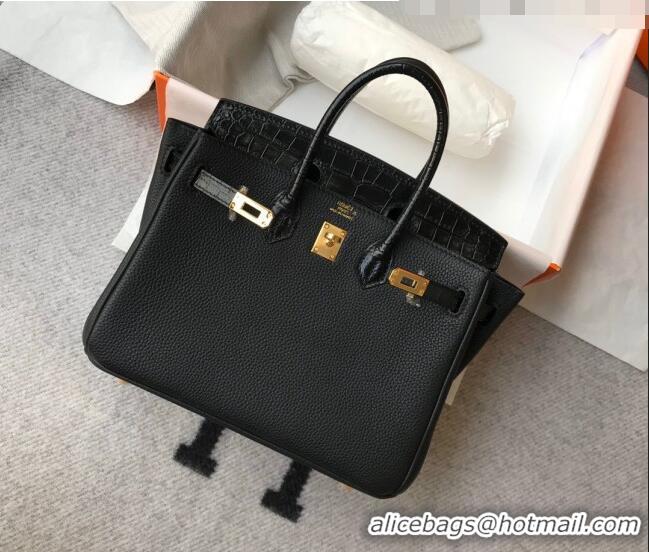 Famous Brand Hermes Touch Birkin Bag 25cm in Crocodile Embossed Leather and Togo Calfskin H25 Black/Gold