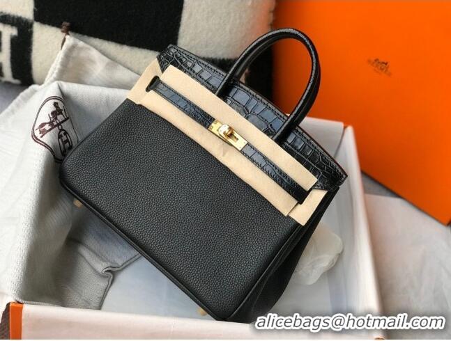 Famous Brand Hermes Touch Birkin Bag 25cm in Crocodile Embossed Leather and Togo Calfskin H25 Black/Gold