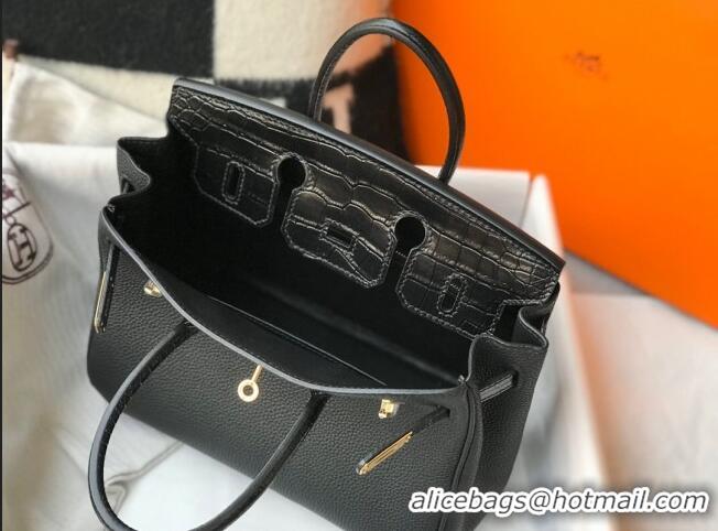 Famous Brand Hermes Touch Birkin Bag 25cm in Crocodile Embossed Leather and Togo Calfskin H25 Black/Gold