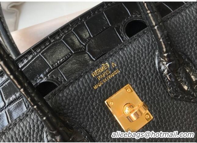 Famous Brand Hermes Touch Birkin Bag 25cm in Crocodile Embossed Leather and Togo Calfskin H25 Black/Gold