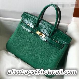 Luxurious Hermes Touch Birkin Bag 25cm in Crocodile Embossed Leather and Togo Calfskin H25 Green/Gold