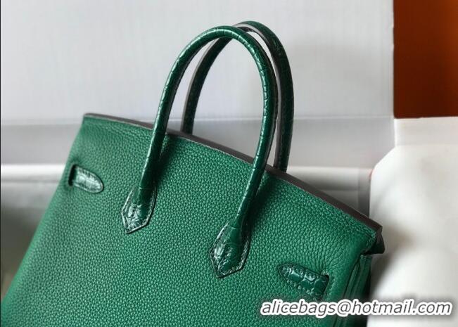 Luxurious Hermes Touch Birkin Bag 25cm in Crocodile Embossed Leather and Togo Calfskin H25 Green/Gold