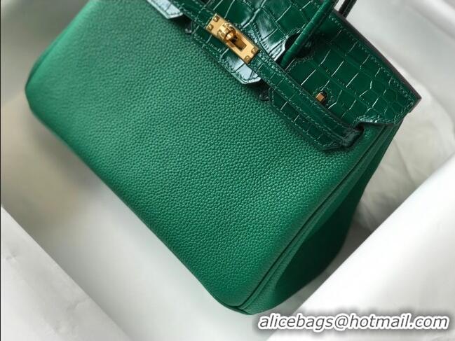 Luxurious Hermes Touch Birkin Bag 25cm in Crocodile Embossed Leather and Togo Calfskin H25 Green/Gold