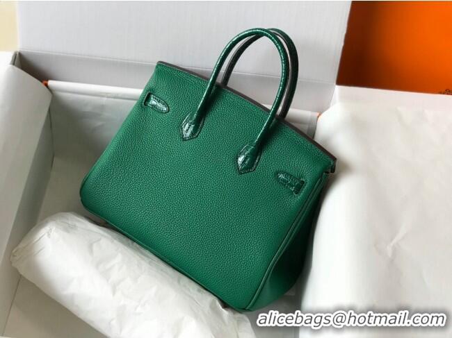 Luxurious Hermes Touch Birkin Bag 25cm in Crocodile Embossed Leather and Togo Calfskin H25 Green/Gold