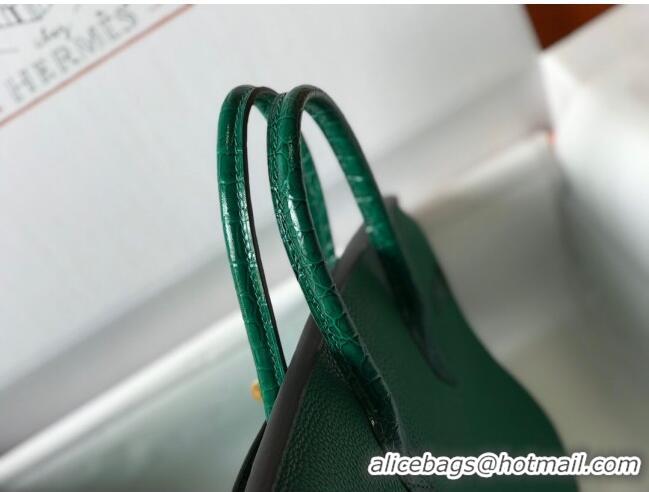 Luxurious Hermes Touch Birkin Bag 25cm in Crocodile Embossed Leather and Togo Calfskin H25 Green/Gold