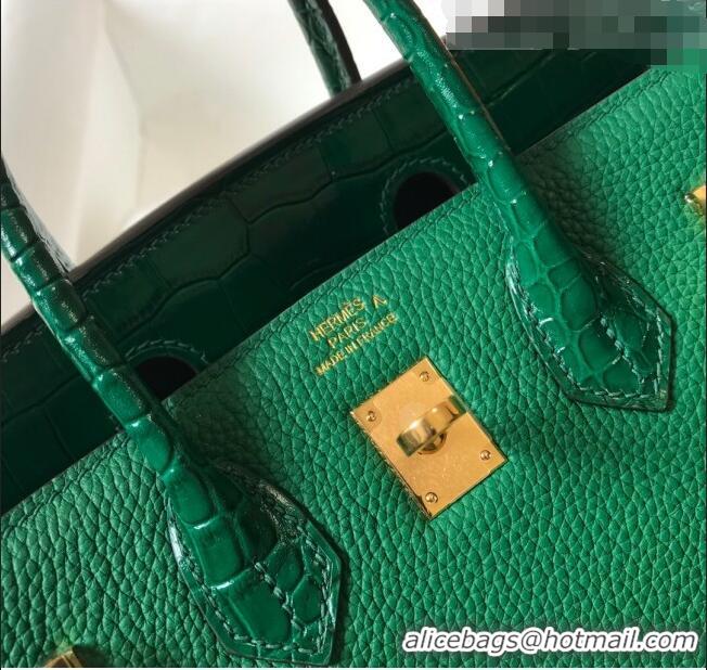 Luxurious Hermes Touch Birkin Bag 25cm in Crocodile Embossed Leather and Togo Calfskin H25 Green/Gold