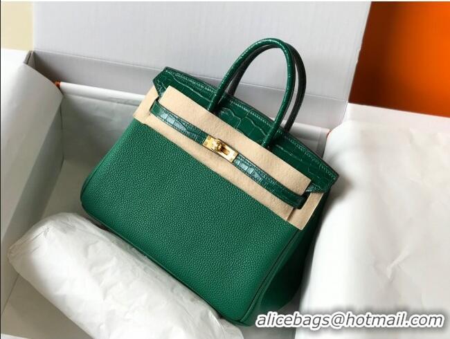 Luxurious Hermes Touch Birkin Bag 25cm in Crocodile Embossed Leather and Togo Calfskin H25 Green/Gold