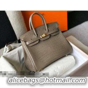 Shop Grade Hermes Birkin 25cm Bag in Crocodile Embossed Calf Leather H25 Grey/Gold