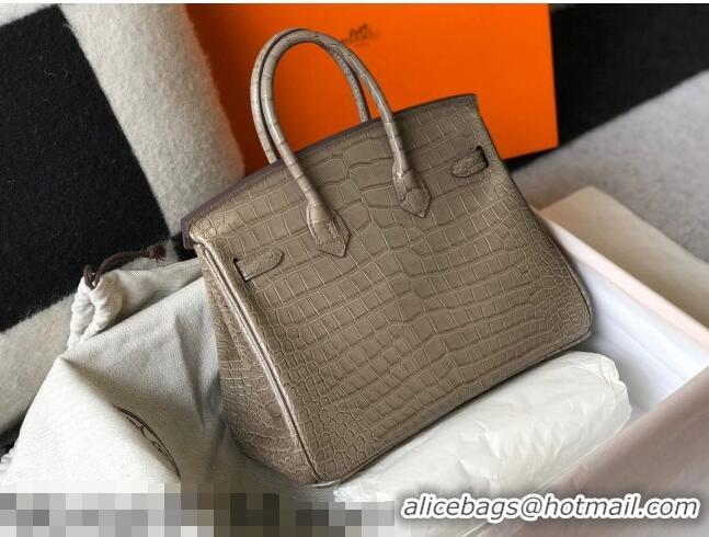 Shop Grade Hermes Birkin 25cm Bag in Crocodile Embossed Calf Leather H25 Grey/Gold