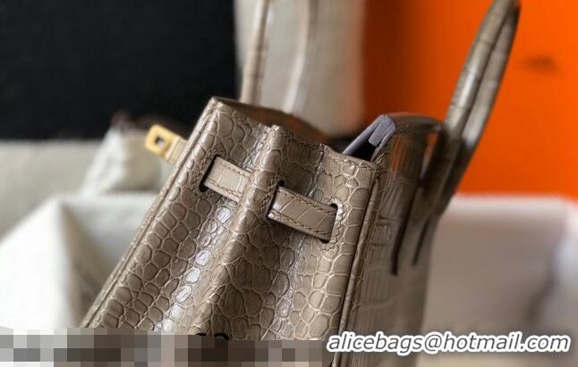 Shop Grade Hermes Birkin 25cm Bag in Crocodile Embossed Calf Leather H25 Grey/Gold