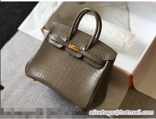 Shop Grade Hermes Birkin 25cm Bag in Crocodile Embossed Calf Leather H25 Grey/Gold