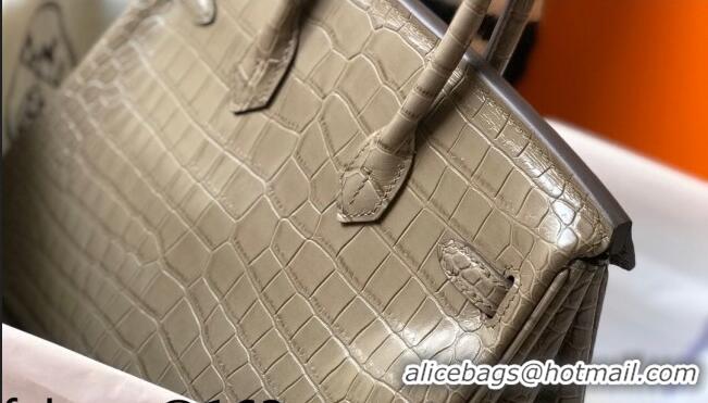 Shop Grade Hermes Birkin 25cm Bag in Crocodile Embossed Calf Leather H25 Grey/Gold