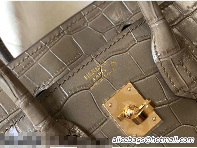 Shop Grade Hermes Birkin 25cm Bag in Crocodile Embossed Calf Leather H25 Grey/Gold