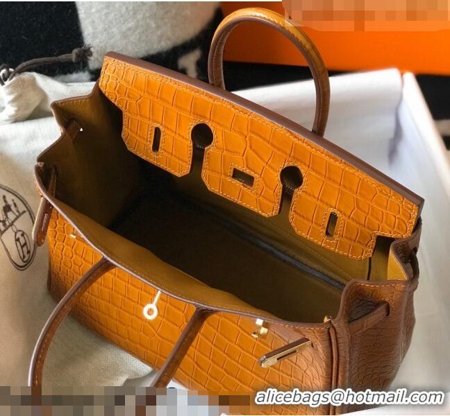 Most Popular Hermes Birkin 25cm Bag in Crocodile Embossed Calf Leather H25 Golden Brown/Gold