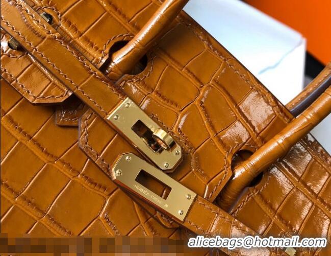 Most Popular Hermes Birkin 25cm Bag in Crocodile Embossed Calf Leather H25 Golden Brown/Gold