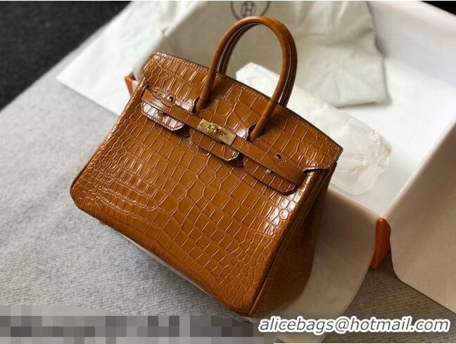 Most Popular Hermes Birkin 25cm Bag in Crocodile Embossed Calf Leather H25 Golden Brown/Gold