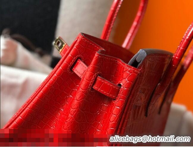 Good Taste Hermes Birkin 25cm Bag in Crocodile Embossed Calf Leather H25 Chinese Red/Gold