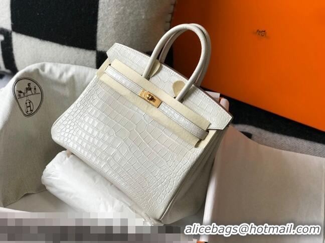 Promotional Hermes Birkin 25cm Bag in Crocodile Embossed Calf Leather H25 White/Gold