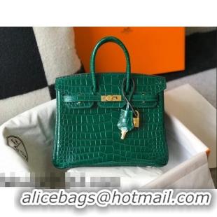 Top Grade Hermes Birkin 25cm Bag in Crocodile Embossed Calf Leather Emerald H25 Green/Gold