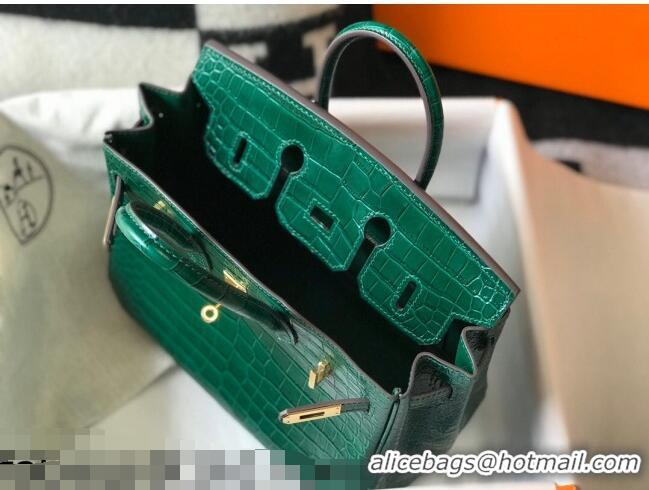 Top Grade Hermes Birkin 25cm Bag in Crocodile Embossed Calf Leather Emerald H25 Green/Gold