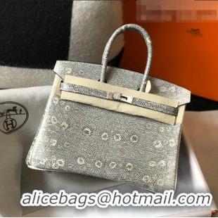 Well Crafted Hermes Birkin 25cm Bag in Lizard Embossed Calf Leather H25 Grey/White/Silver