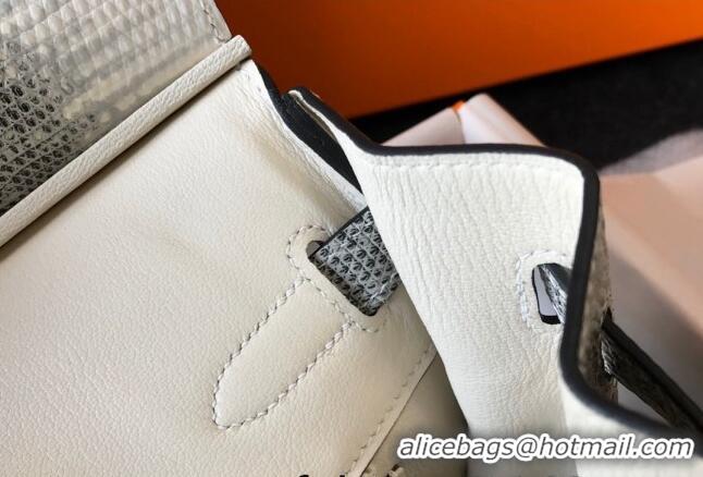 Well Crafted Hermes Birkin 25cm Bag in Lizard Embossed Calf Leather H25 Grey/White/Silver