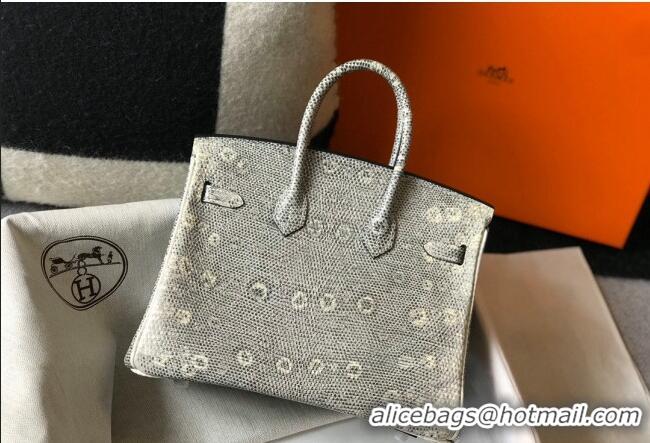 Well Crafted Hermes Birkin 25cm Bag in Lizard Embossed Calf Leather H25 Grey/White/Silver