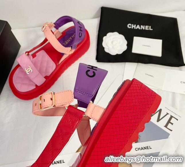 Best Product Chanel Calfskin Strap Sandals G38880 Red/Pink/Purple