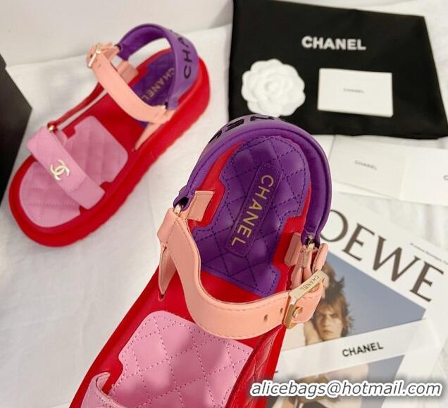 Best Product Chanel Calfskin Strap Sandals G38880 Red/Pink/Purple