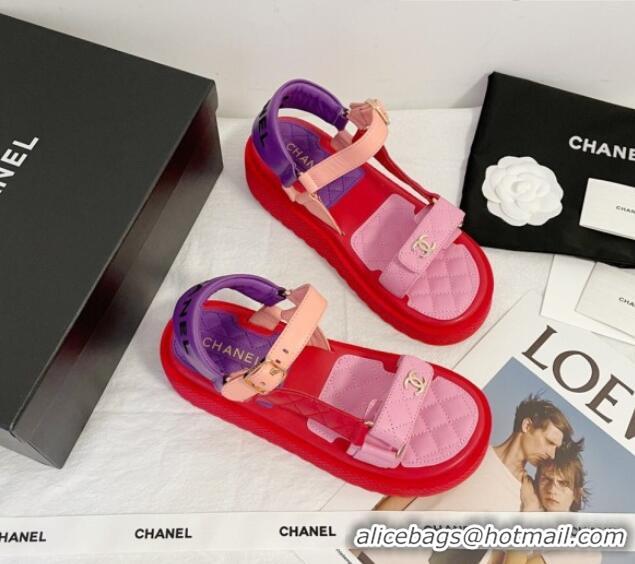 Best Product Chanel Calfskin Strap Sandals G38880 Red/Pink/Purple