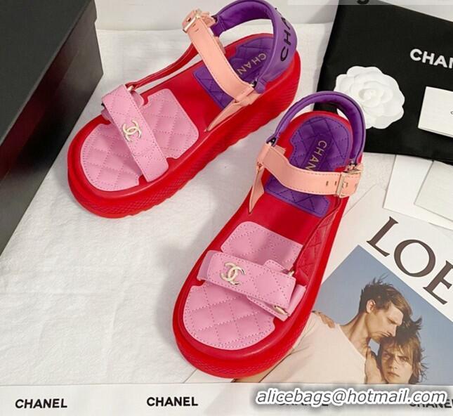 Best Product Chanel Calfskin Strap Sandals G38880 Red/Pink/Purple