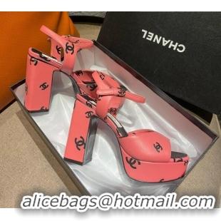 Top Grade Chanel CC Printed Lambskin Platform High Heel Sandals 10.5cm G38958 Pink