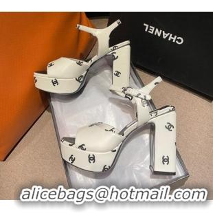 Durable Chanel CC Printed Lambskin Platform High Heel Sandals 10.5cm G38958 White