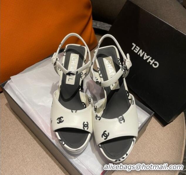 Durable Chanel CC Printed Lambskin Platform High Heel Sandals 10.5cm G38958 White