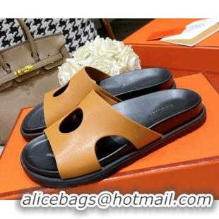 Perfect Hermes Edith Leather Flat Slide Sandals Brown 0422120