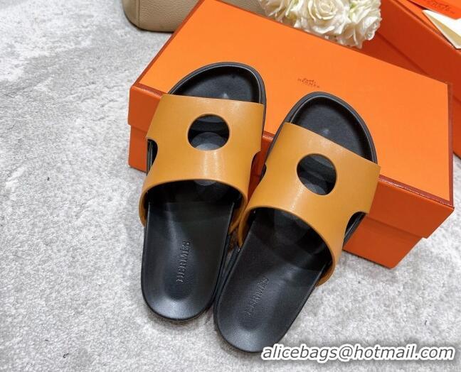 Perfect Hermes Edith Leather Flat Slide Sandals Brown 0422120