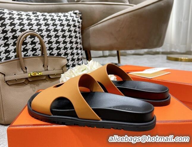 Perfect Hermes Edith Leather Flat Slide Sandals Brown 0422120