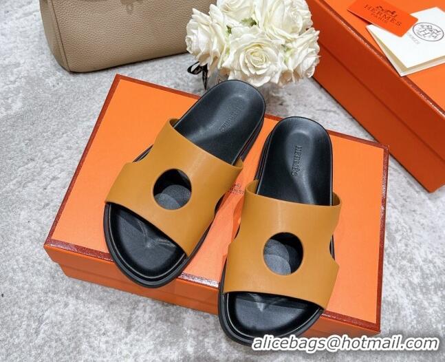 Perfect Hermes Edith Leather Flat Slide Sandals Brown 0422120