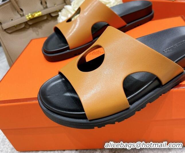 Perfect Hermes Edith Leather Flat Slide Sandals Brown 0422120