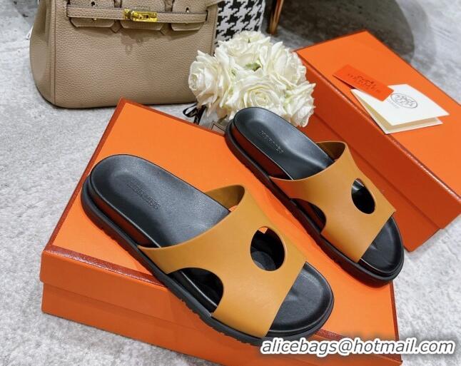 Perfect Hermes Edith Leather Flat Slide Sandals Brown 0422120