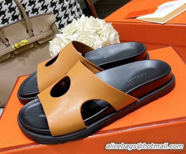 Perfect Hermes Edith Leather Flat Slide Sandals Brown 0422120