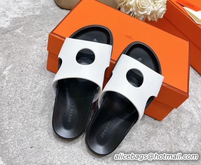 Stylish Hermes Edith Leather Flat Slide Sandals White 0422121