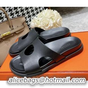 Good Quality Hermes Edith Leather Flat Slide Sandals Black 0422122