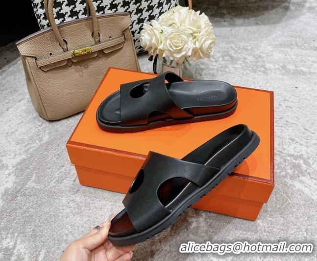 Good Quality Hermes Edith Leather Flat Slide Sandals Black 0422122