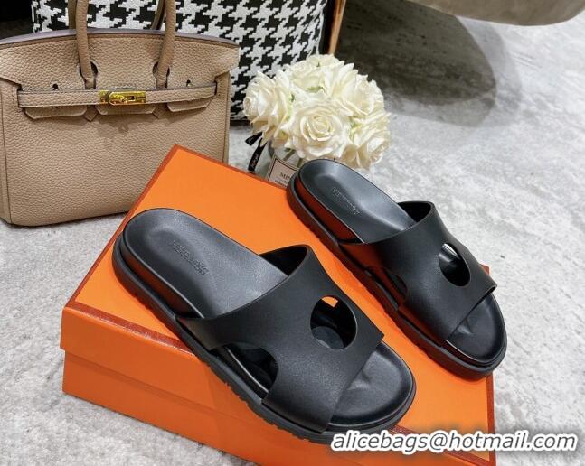 Good Quality Hermes Edith Leather Flat Slide Sandals Black 0422122