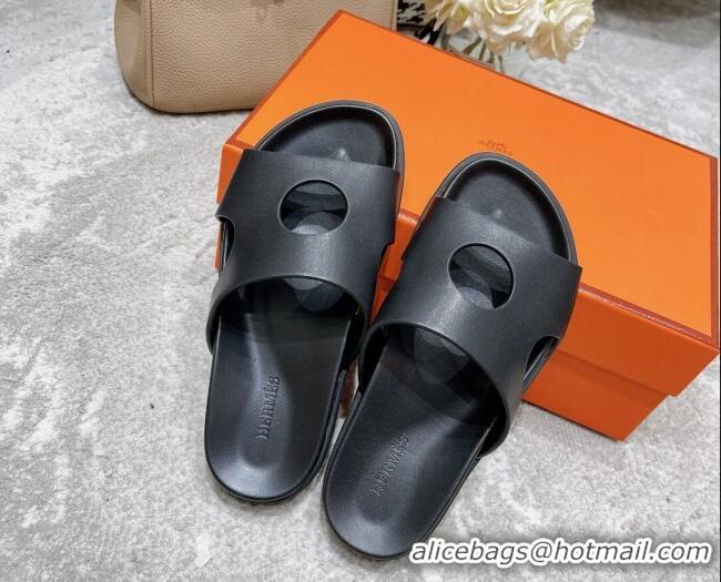 Good Quality Hermes Edith Leather Flat Slide Sandals Black 0422122